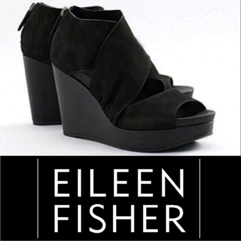 Eileen Fisher Draw black Nubuck suede wedge sandals with back zipper Size 9